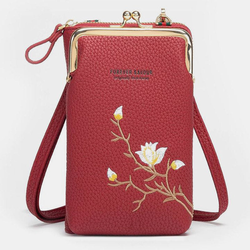 Multi-Slot Elegant Floral Embroidery Crossbody Phone Bag