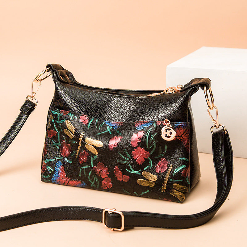 Floral Emblossing Crossbody Bag For Women Classic Leather Purse