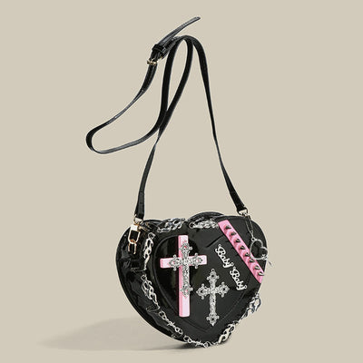 Gothic Heart Shape Purse Womens Cross Rivet Shoulder Bag