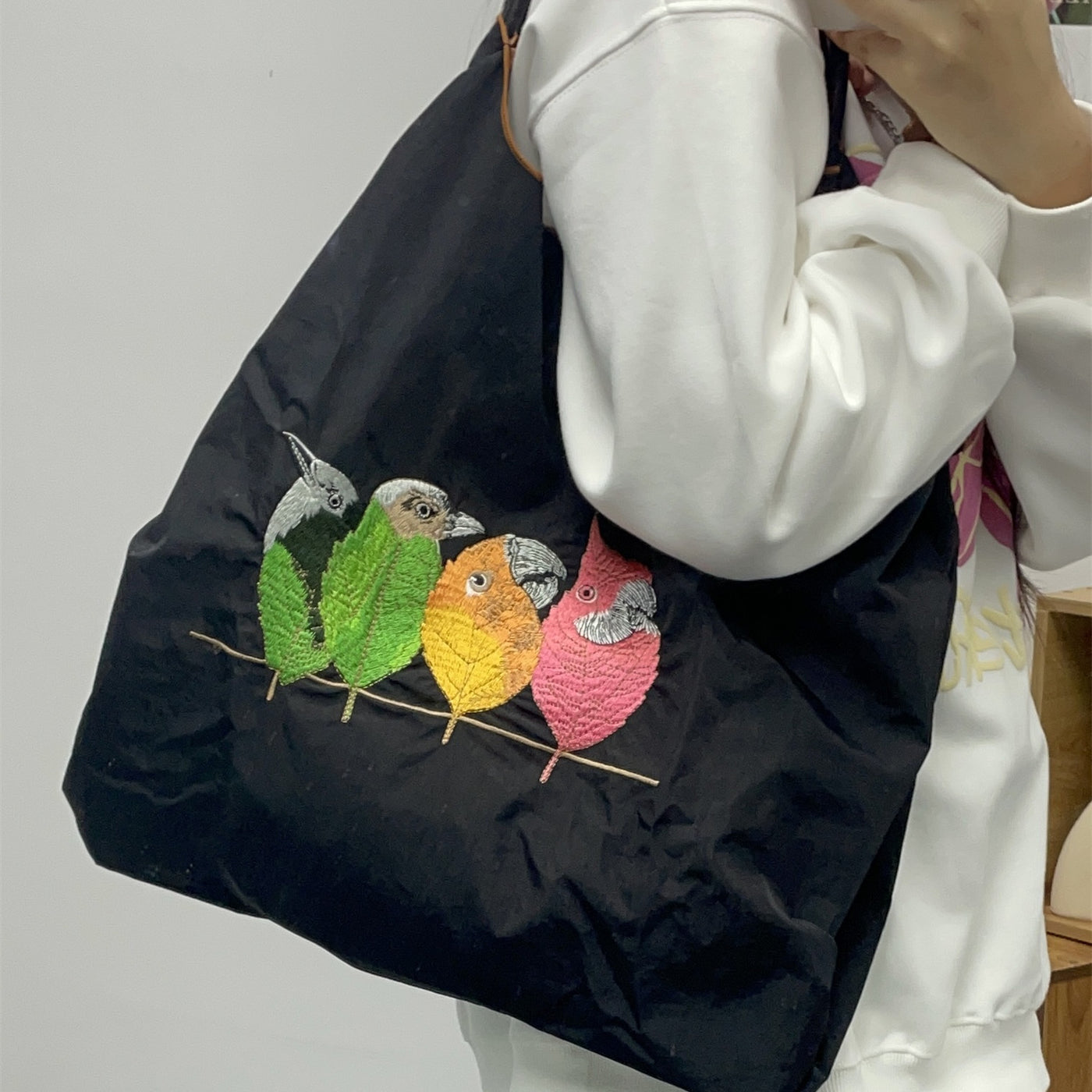 Cute Birds Embroideried Handbag Durable Drawstring Shoulder Bag For Women