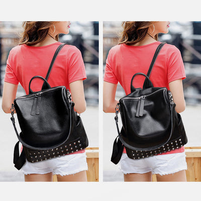 Fashion Rivet Backpack Genuine Leather Double Shoulder Strap Roomy Bag