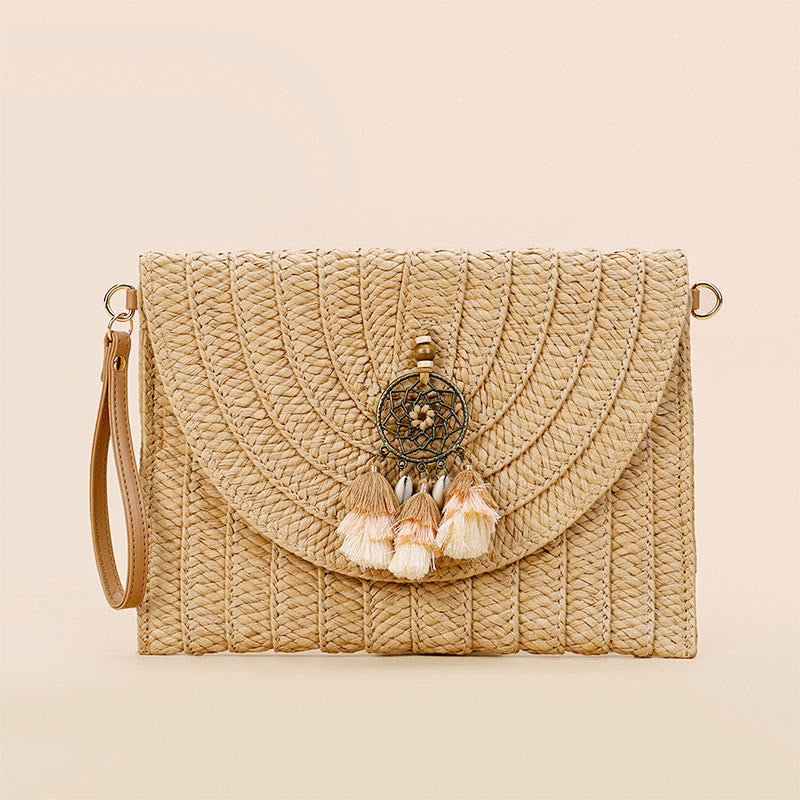 Tassel Beach Clutch for Women Raffia Woven Envelop Bag with Shoulder Strap