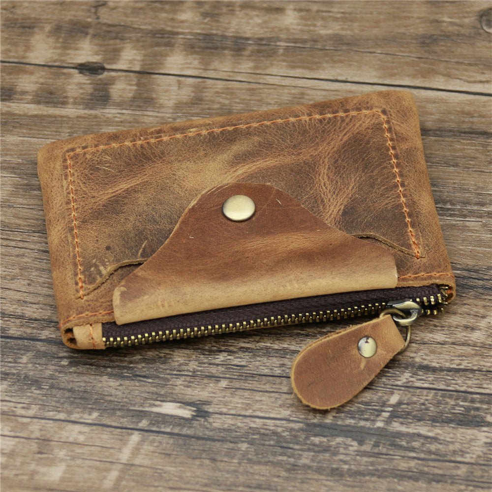 Small Leather Coin Purse Brown Ultra Thin Zipper Card Holder