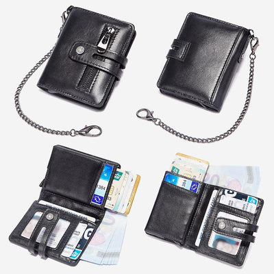 RFID Genuine Leather Business Short Wallet With Chain