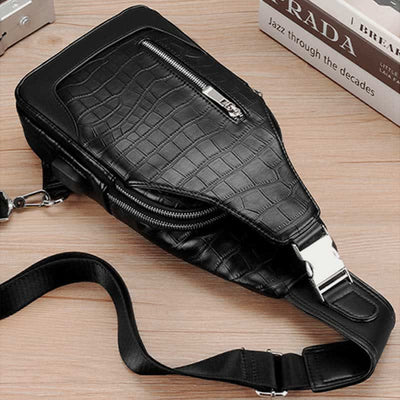 Crocodile Grain Leather Sling Backpack Shoulder Bag for Men Travel Daypack