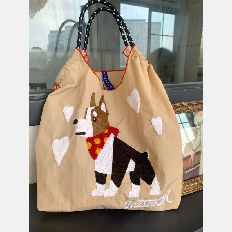 Cute Dog Embroideried Handbag Durable Drawstring Shoulder Bag For Women