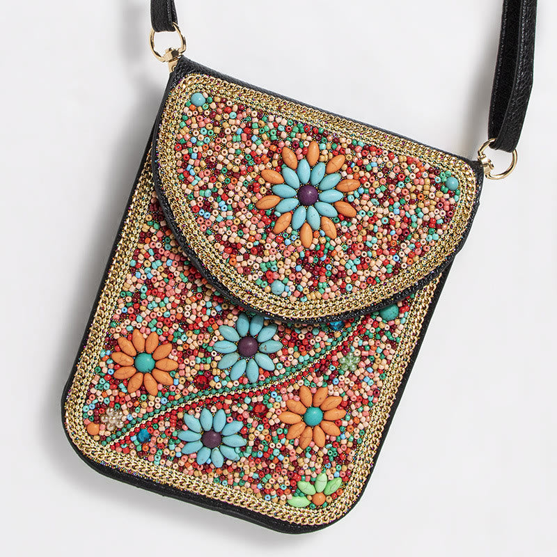 Bohemian Phone Bag Women Shell Flowers Pattern Magnetic Crossbody Bag