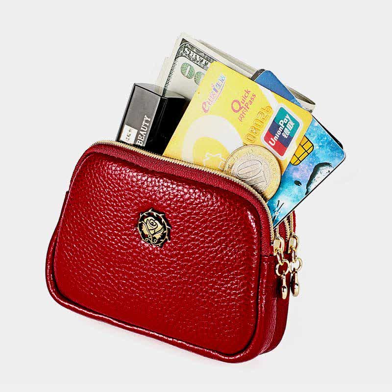 Coin Purse for Women Genuine Leather Double Zip Cash Change Wallet