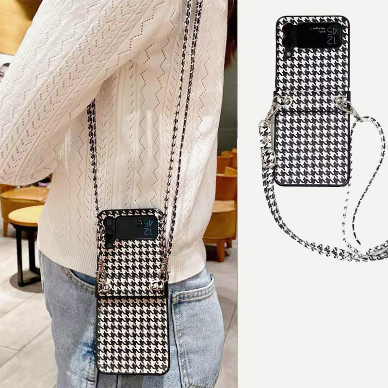 Phone Case for Samsung Galaxy Z Flip Houndstooth Crossbody Strap Case