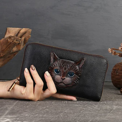 Real Leather Cat Wallet Embossed Multi Slot Clutch Purse