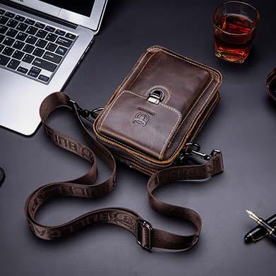 Genuine Leather Multifunctional Waist Messenger Bag with Belt Loop