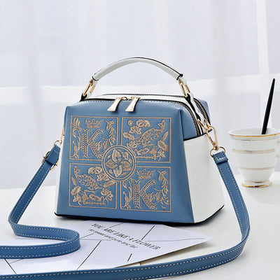 Top-Handle Bag For Women Embroidered Leather Portable Crossbody Shoulder Bag