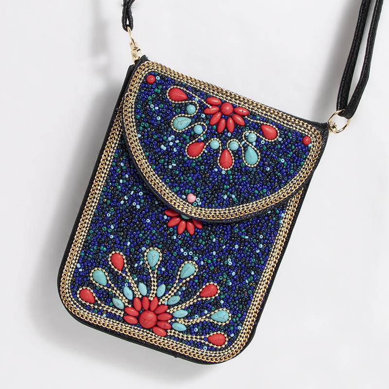 Bohemian Phone Bag Women Shell Flowers Pattern Magnetic Crossbody Bag