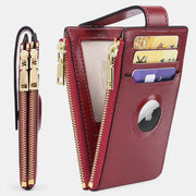 Genuine Leather Bifold Zip Airtag Wallet Slim RFID Blocking Card Holder