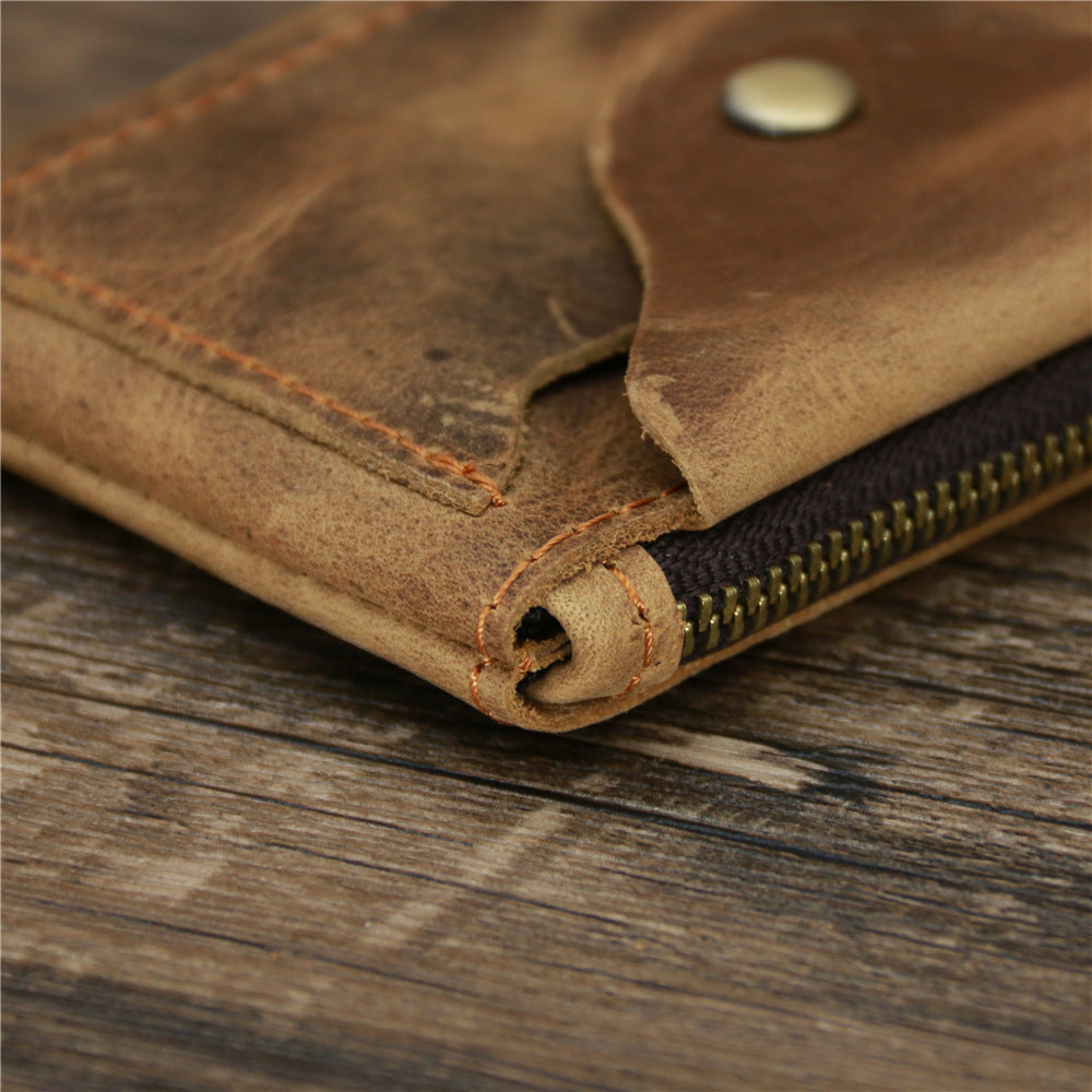 Small Leather Coin Purse Brown Ultra Thin Zipper Card Holder