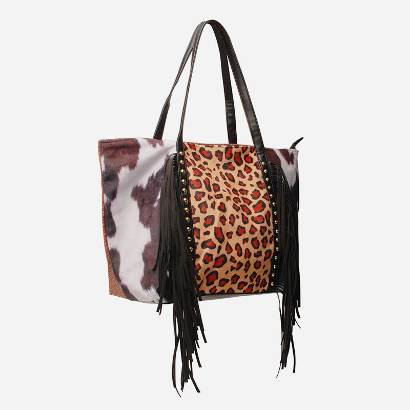 Large Capacity Tassle Handbag Leopard Print PU Tote For Women