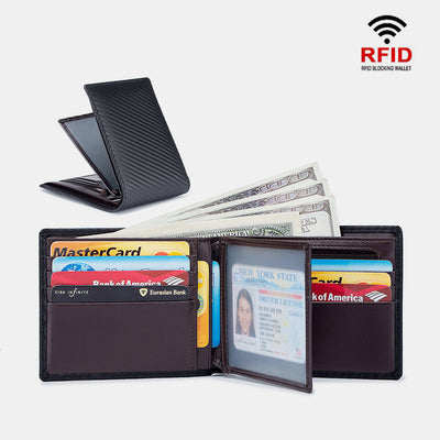 RFID Multi-Slot Embossing Genuine Leather Thir-Fold Super Slim Short Wallet