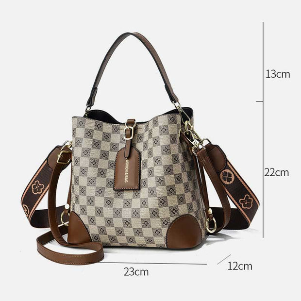 Women Large Bucket Bag Plaid Vegan Leather Crossbody Handbag