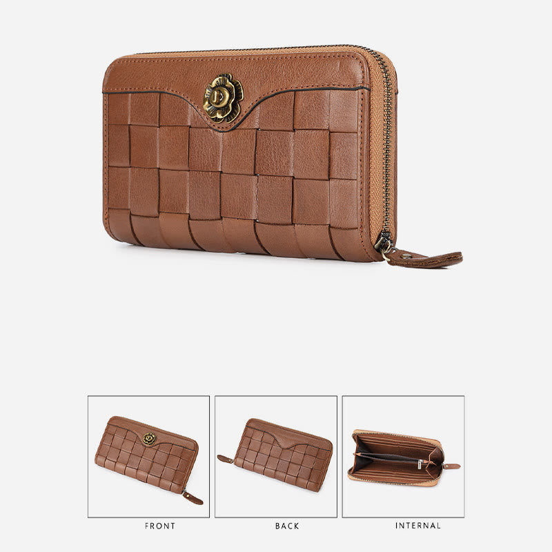 Leather Woven Wallet For Women Men Long Multifunction Clutch Bag