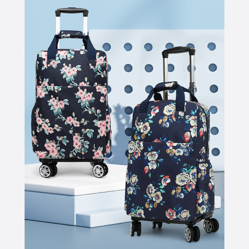 Floral Pull Rod Duffel Bag For Women Waterproof Shopping Cart