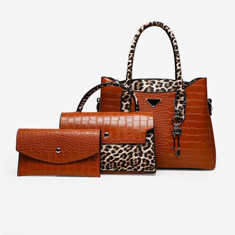 Crocodile Leopard Grain Leather Tote For Women 3 Piece Bag Set