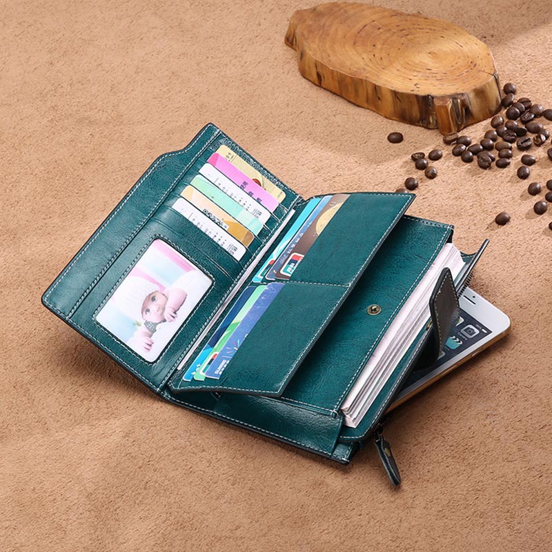 RFID Blocking Long Wallet Oil Wax Leather Phone Purse with Zipper Pocket