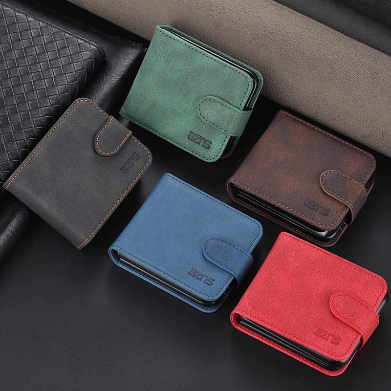 Genuine Leather Phone Holder Wallet Case For Galaxy Z Flip3 / Flip2 With Card Holder