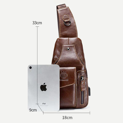 Genuine Leather Multi-Pocket Chest Bag Sling Backpack with USB Charging Port