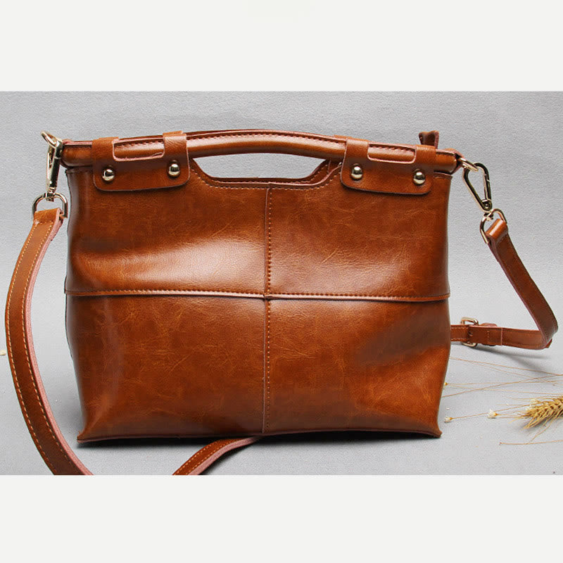 Top-Handle Bag For Women Riveted Cowhide Leather Crossbody Tote Bag