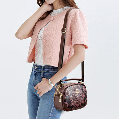 Floral Embossing Handbag For Women Double Compartment Crossbody Bag