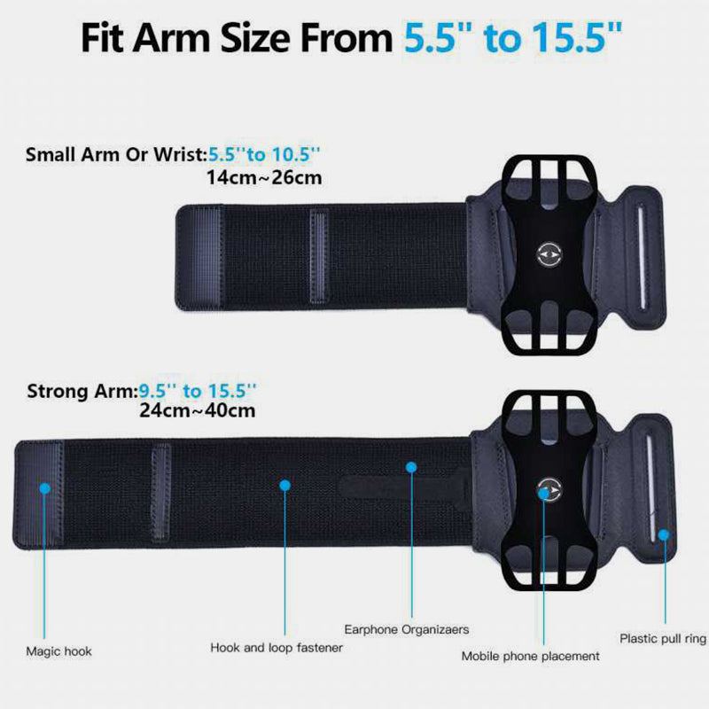 360°Rotation Running Wristband Armband Phone Holder Fits All 4.5"-7" Inch Smartphones