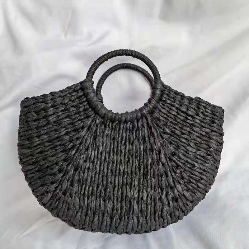 Half Round Straw Bag Elegant Rattan Bucket Handbag For Women