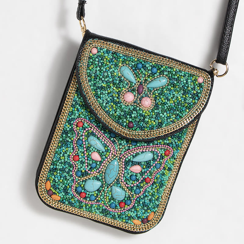 Bohemian Phone Bag Women Shell Flowers Pattern Magnetic Crossbody Bag