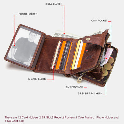 RFID Blocking Genuine Leather Multi-Card Buckle Wallet with Zip Coin Pocket