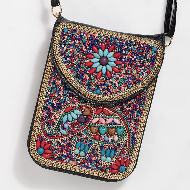 Bohemian Phone Bag Women Shell Flowers Pattern Magnetic Crossbody Bag