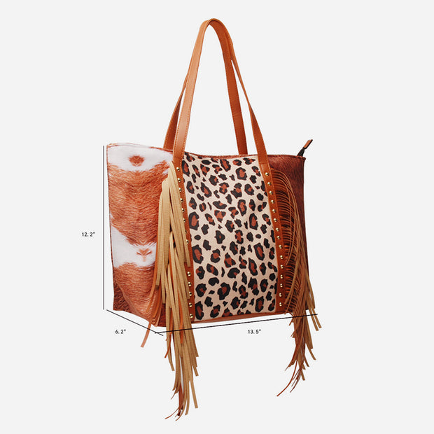 Large Capacity Tassle Handbag Leopard Print PU Tote For Women