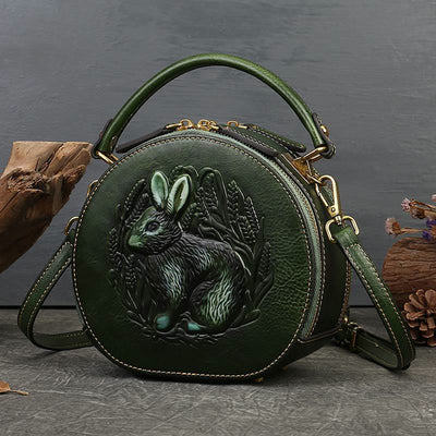 Retro Bunny Embossing Handbag Folk Custom Crossbody Leather Purse