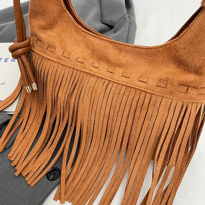 Tassel Underarm Bag For Women Retro Solid Color Shoulder Bag