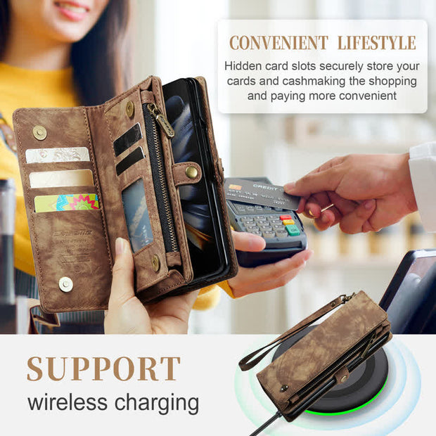 Durable Leather Magnetic Wallet Case for Z Fold 4 with Wrist Strap