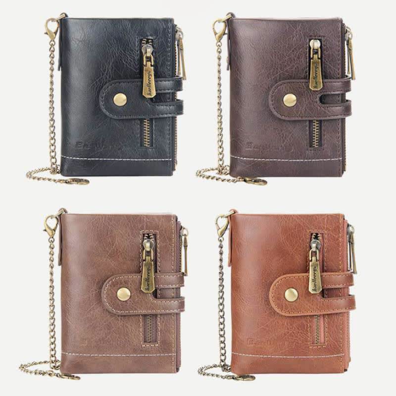 Trifold Leather Wallet for Men Coin Purse Snap Zip Wallet with Chain