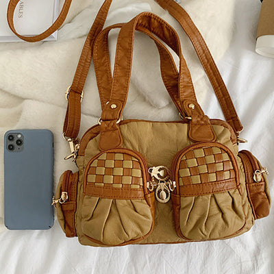 Contrast Color Checkered Handbag For Women Soft Leather Crossbody Bag