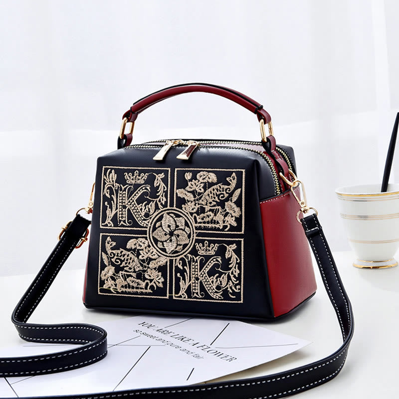 Top-Handle Bag For Women Embroidered Leather Portable Crossbody Shoulder Bag