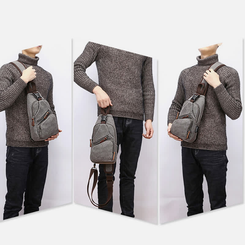 Canvas Sling Bag Crossbody Backpack Casual Rucksack with USB Charging Port