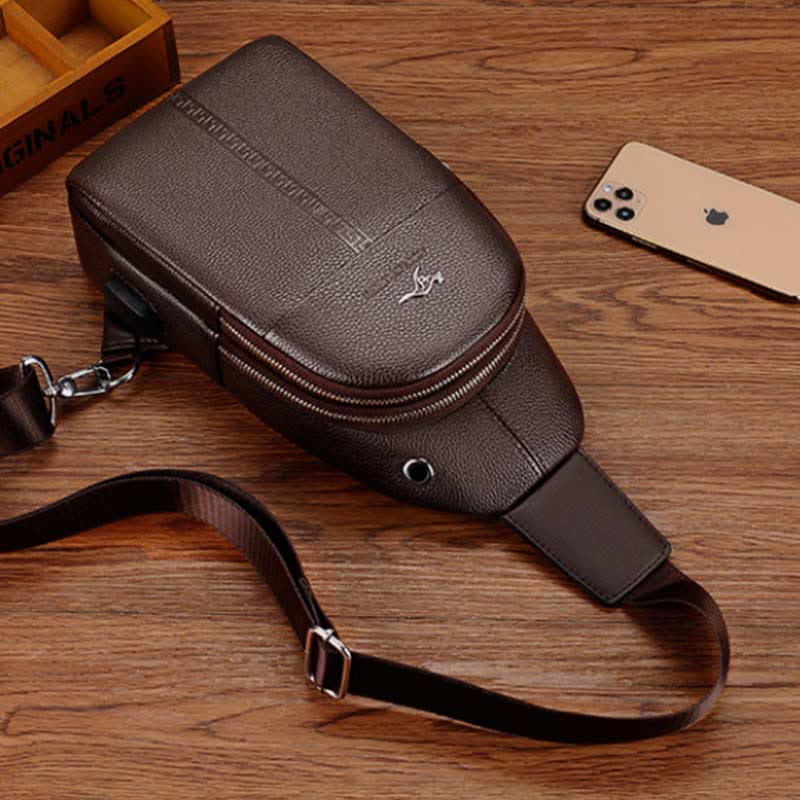 Sling Bag for Men Black Leather Casual Shopping Shoulder Bag