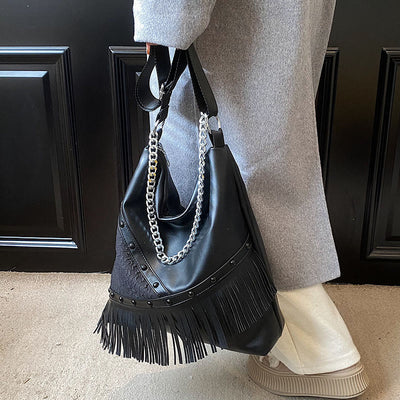 Rivet Tote Bag Women Large Capacity Motorcycle Tassel Chain Bag