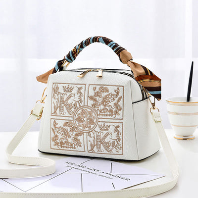 Top-Handle Bag For Women Embroidered Leather Portable Crossbody Shoulder Bag