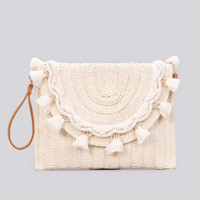 Tassel Beach Clutch for Women Raffia Woven Envelop Bag with Shoulder Strap