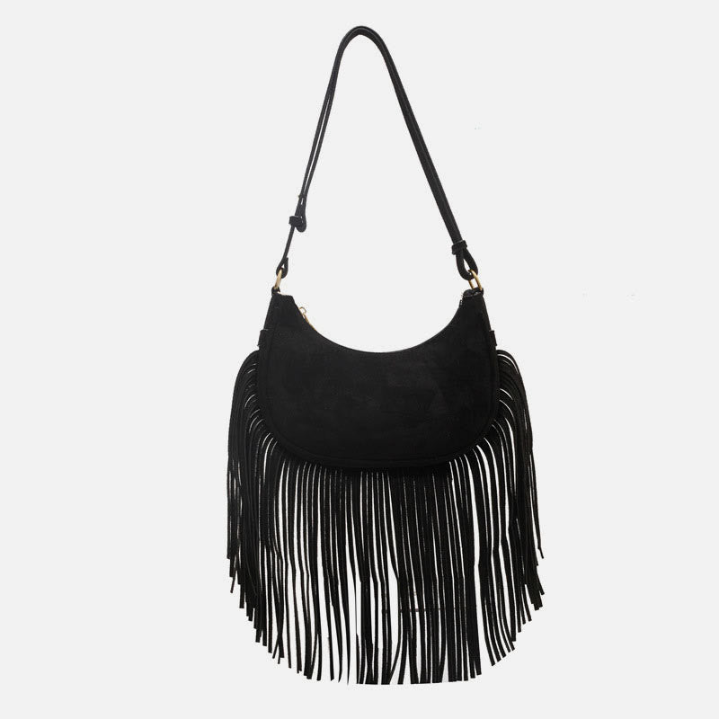 Tassel Underarm Bag For Women Retro Crescent Leather Shoulder Bag