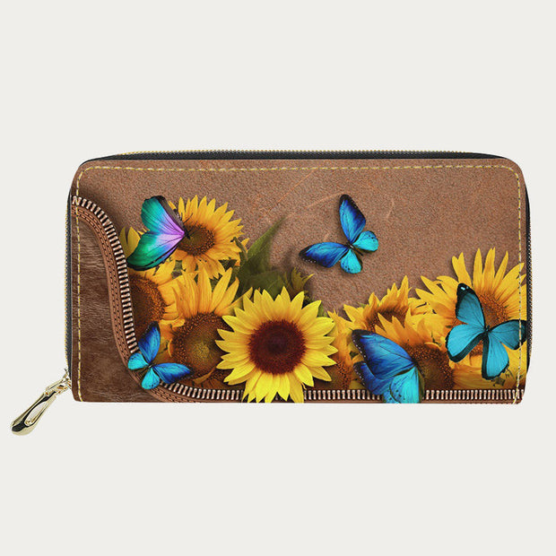 PU Leather Wallet For Women Butterfly Sunflower Pattern Long Purse