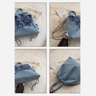 Denim Canvas Backpack For Women Butterfly Multiple Carry Daypack